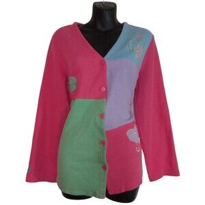 Blair Women's VTG 90's Teacher Sweater Cardigan Patchwork Knit Pastel Heart SZL